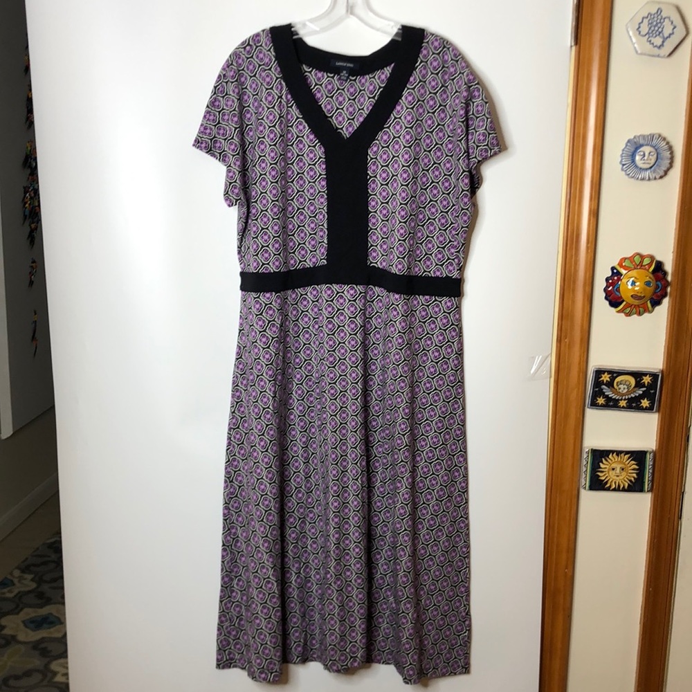 Lands' End Women's Black Purple V-Neck Short Sleeve Dress 1X 16W 18W PLUS SIZE